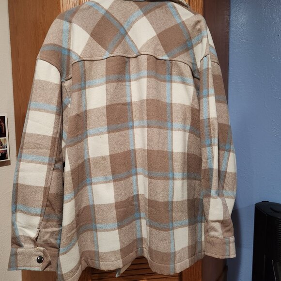 HFX Flannel Shirt Jacket Women's XL Plaid Brown Neutral Relaxed Fit Warm Shell - Picture 2 of 11